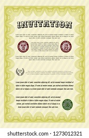 Yellow Retro vintage invitation. With linear background. Money Pattern design. Detailed. 
