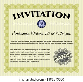 Yellow Retro vintage invitation. Lovely design. Vector illustration. With linear background. 