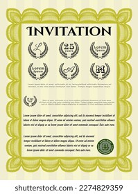 Yellow Retro vintage invitation. Lovely design. With guilloche pattern. Vector illustration. 