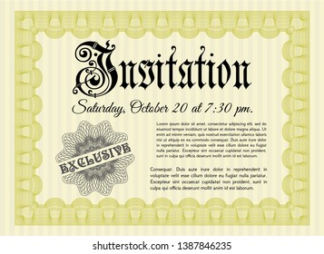 Yellow Retro vintage invitation. Modern design. Vector illustration. With complex linear background. 