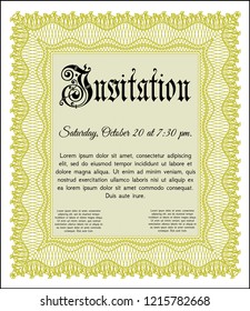 Yellow Retro vintage invitation. Money design. With complex linear background. Detailed. 