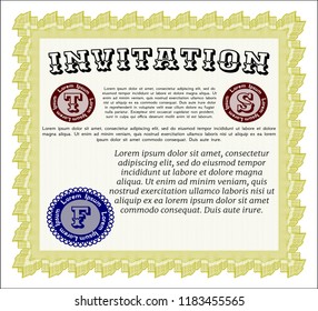 Yellow Retro vintage invitation. Vector illustration. With great quality guilloche pattern. Sophisticated design. 