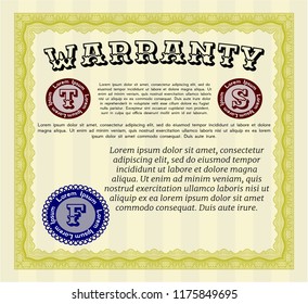 Yellow Retro vintage Warranty Certificate. Vector illustration. With guilloche pattern and background. Perfect design. 