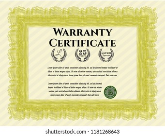 Yellow Retro vintage Warranty Certificate. With guilloche pattern and background. Money design. Detailed. 