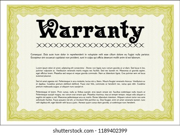 Yellow Retro vintage Warranty Certificate. With complex background. Elegant design. Vector illustration. 