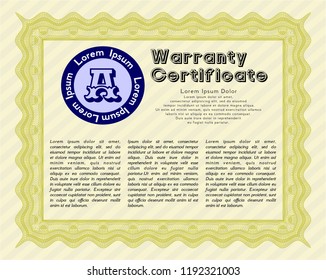 Yellow Retro vintage Warranty Certificate. Nice design. Easy to print. Customizable, Easy to edit and change colors. 