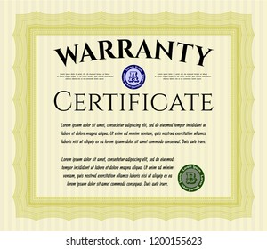 Yellow Retro vintage Warranty Certificate. Cordial design. With complex linear background. Detailed. 