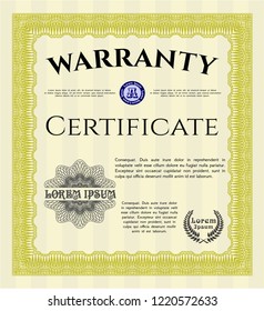 Yellow Retro vintage Warranty Certificate. Printer friendly. Good design. Customizable, Easy to edit and change colors. 