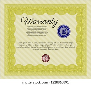 Yellow Retro vintage Warranty Certificate. Money style design. Customizable, Easy to edit and change colors. With complex background. 