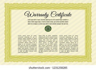 Yellow Retro vintage Warranty Certificate. Vector illustration. With great quality guilloche pattern. Modern design. 