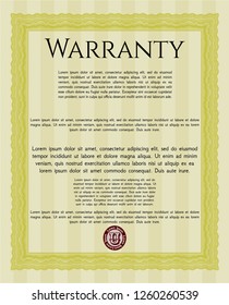 Yellow Retro vintage Warranty Certificate. Artistry design. Detailed. With guilloche pattern and background. 