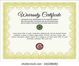 Yellow Retro vintage Warranty Certificate. Printer friendly. Vector illustration. Money style design. 
