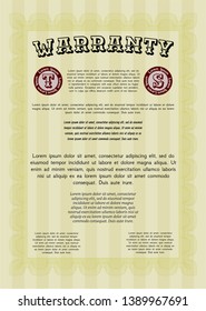Yellow Retro vintage Warranty Certificate. Vector illustration. With quality background. Perfect design. 