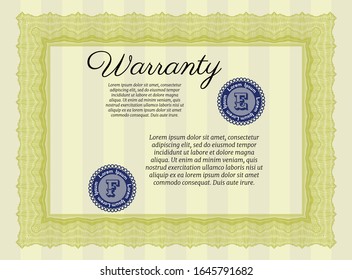 Yellow Retro vintage Warranty Certificate. Money design. Detailed. With complex linear background. 