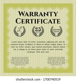 Yellow Retro vintage Warranty Certificate. Money design. Customizable, Easy to edit and change colors. With guilloche pattern. 
