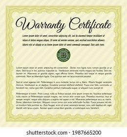 Yellow Retro vintage Warranty Certificate. Beauty design.  With guilloche pattern and background.   