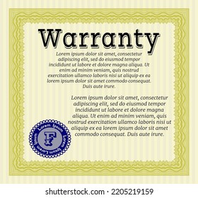 Yellow Retro vintage Warranty Certificate. Sophisticated design.  Printer friendly.  Vector illustration. 