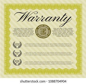 Yellow Retro Warranty Certificate template. With complex linear background. Detailed. Nice design. 