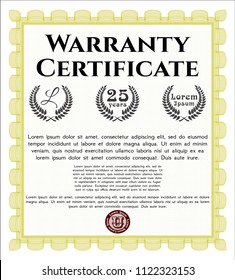 Yellow Retro Warranty Certificate template. With complex background. Money style design. Customizable, Easy to edit and change colors. 