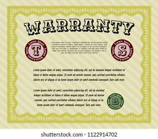 Yellow Retro Warranty Certificate template. Vector illustration. Printer friendly. Money Pattern. 