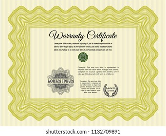Yellow Retro Warranty Certificate template. Printer friendly. Nice design. Vector illustration. 