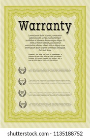 Yellow Retro Warranty Certificate template. With guilloche pattern and background. Nice design. Vector illustration. 