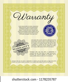 Yellow Retro Warranty Certificate template. Printer friendly. Vector illustration. Money Pattern. 