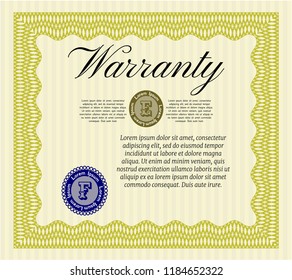 Yellow Retro Warranty Certificate template. With guilloche pattern. Vector illustration. Cordial design. 
