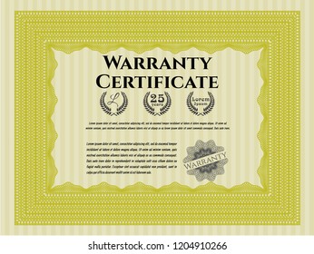 Yellow Retro Warranty Certificate template. Excellent design. Detailed. With great quality guilloche pattern. 