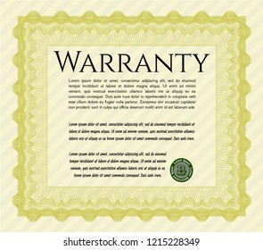 Yellow Retro Warranty Certificate template. Good design. Detailed. With complex linear background. 