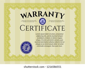 Yellow Retro Warranty Certificate template. Customizable, Easy to edit and change colors. With linear background. Nice design. 
