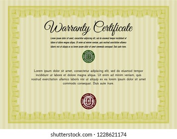 Yellow Retro Warranty Certificate template. With complex background. Elegant design. Detailed. 