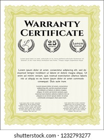 Yellow Retro Warranty Certificate template. With great quality guilloche pattern. Money Pattern. Detailed. 