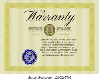 Yellow Retro Warranty Certificate template. Printer friendly. Detailed. Perfect design. 