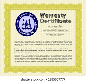 Yellow Retro Warranty Certificate template. With guilloche pattern. Vector illustration. Money style design. 