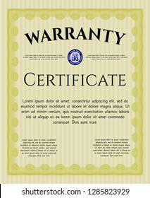Yellow Retro Warranty Certificate template. With complex linear background. Customizable, Easy to edit and change colors. Money Pattern design. 