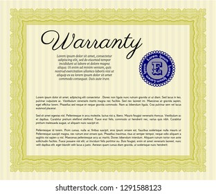 Yellow Retro Warranty Certificate template. Beauty design. Detailed. With great quality guilloche pattern. 