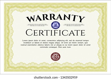 Yellow Retro Warranty Certificate template. Vector illustration. Easy to print. Sophisticated design. 