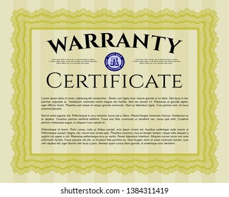 Yellow Retro Warranty Certificate template. Money design. Customizable, Easy to edit and change colors. Complex background. 
