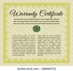 Yellow Retro Warranty Certificate template. Complex background. Customizable, Easy to edit and change colors. Excellent design. 