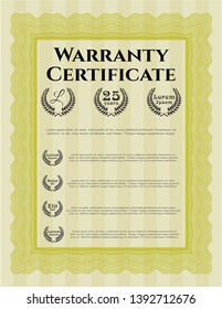 Yellow Retro Warranty Certificate template. Vector illustration. With guilloche pattern. Money design. 