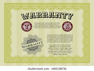 Yellow Retro Warranty Certificate template. With linear background. Customizable, Easy to edit and change colors. Nice design. 