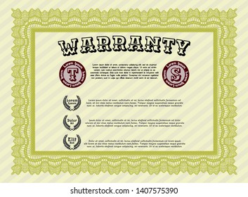 Yellow Retro Warranty Certificate template. With complex linear background. Vector illustration. Money design. 