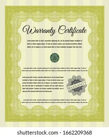 Yellow Retro Warranty Certificate template. With guilloche pattern and background. Customizable, Easy to edit and change colors. Cordial design. 