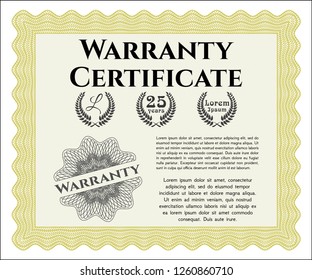 Yellow Retro Warranty template. With complex linear background. Money design. Detailed. 