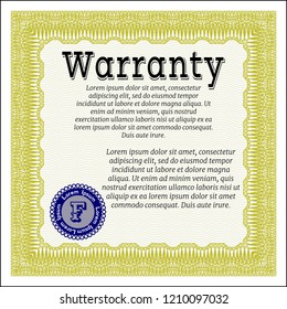 Yellow Retro Warranty template. With great quality guilloche pattern. Detailed. Sophisticated design. 