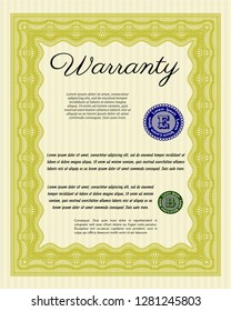 Yellow Retro Warranty template. Printer friendly. Customizable, Easy to edit and change colors. Cordial design. 