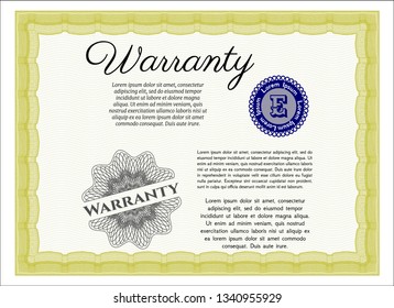 Yellow Retro Warranty template. Printer friendly. Vector illustration. Money Pattern. 