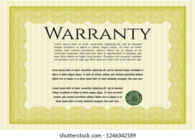Yellow Retro Warranty template. Vector illustration. With great quality guilloche pattern. Modern design. 