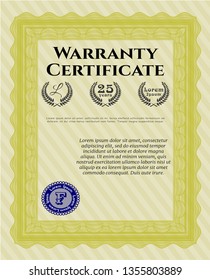 Yellow Retro Warranty template. Vector illustration. With great quality guilloche pattern. Elegant design. 
